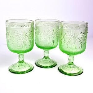 Vintage INDIANA GLASS CHANTILLY GREEN TIARA SANDWICH PATTERN GOBLETs Set Of 3